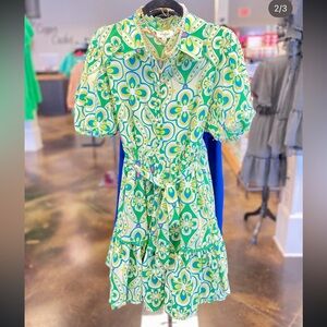 Umgee Green and Blue Belted Button Up Floral Dress